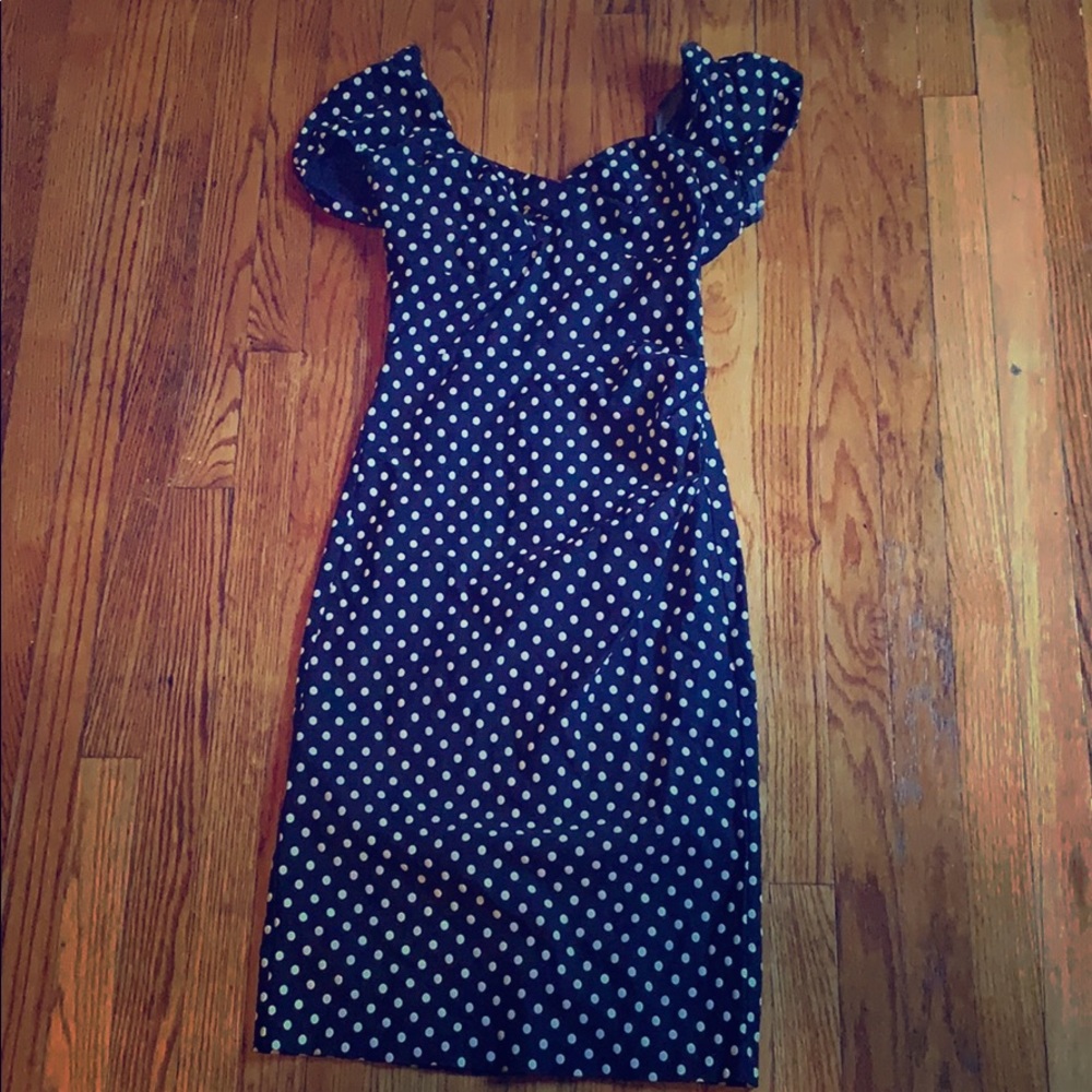 Blue polka dotted one way stretch XL Enzy’s Dress